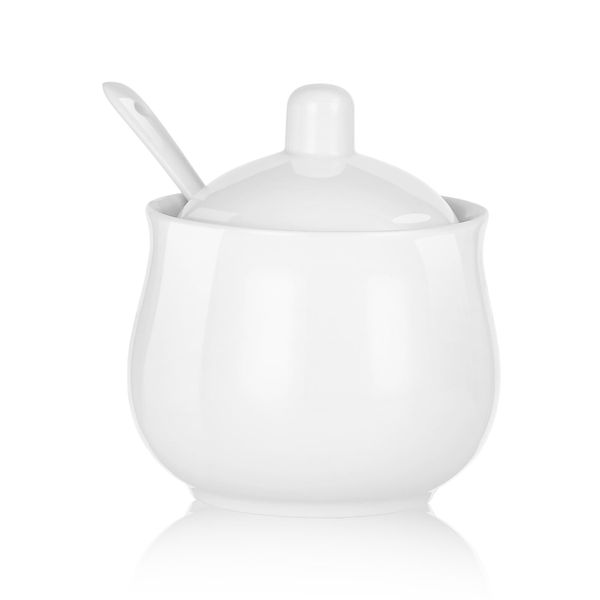 CHILDIKE Pocelain Sugar Bowl with Lid and Spoon, White Ceramic Sugar Jar 200 ml