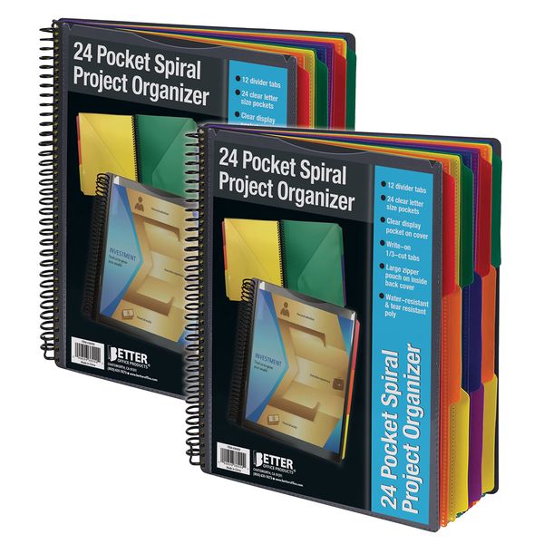 Better Office Products 24 Pocket Poly Spiral Project Organizer (2pack), Heavy Duty, with Utility Pouch, 1/3 Cut Tabs, 12 Tab Color Dividers, Clear View Front Cover, Letter Size, Project Folder,