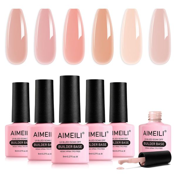 AIMEILI 8 in 1 Builder Nail Gel Set, 6pcs Sheer Color Hard Gel Builder Base Nail Strengthening Gel Nail Extension False Nail Tips Glue Gel in a Bottle, UV LED Gel Polish 8ML Kit 34