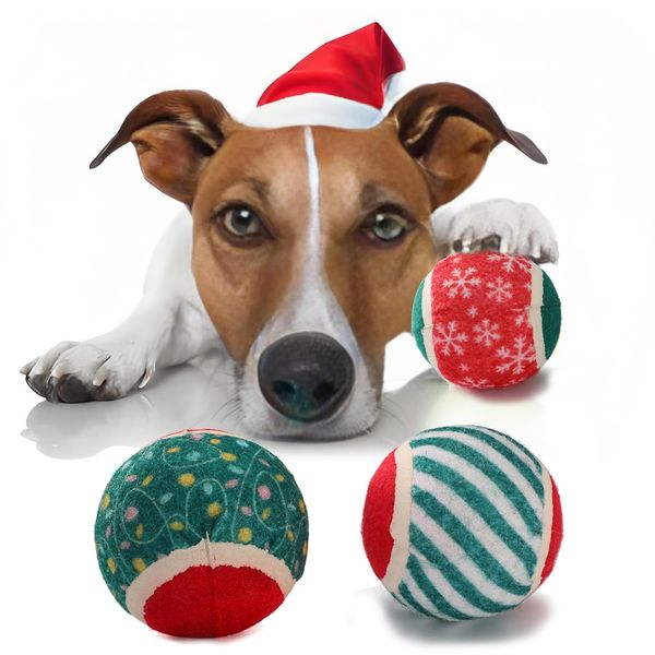 LUCKITTY 3 Packs Christmas Dog Tennis Balls Interactive Toy Puppy for Small Medium Dogs Training Playing- Red, White, and Green Color Blocking Patterns 2.5 Inch