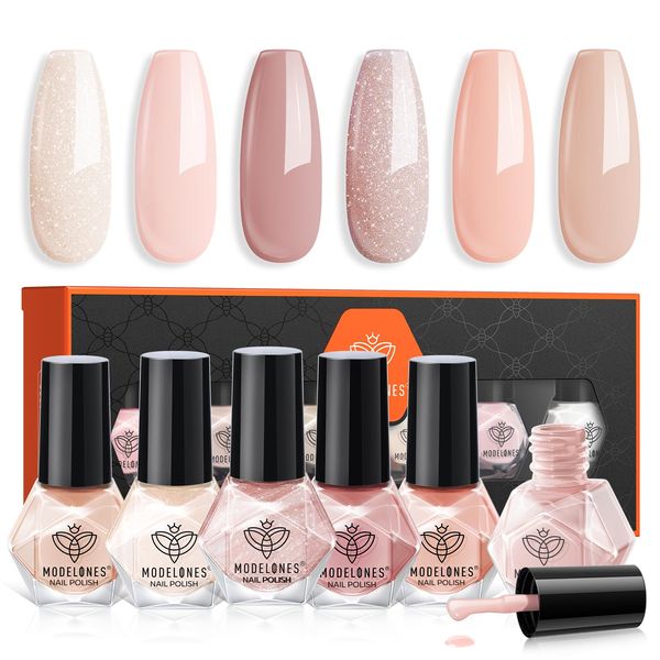 modelones Nail Polish Set 6 Colors Neutral Nude Nail Polish Bubble Bath Quick Dry Skin Tone Glitter Nail Polish Finger Nail Polish Bulk Manicure Diy Nail Art Salon Home Gift For Women Mom Girl