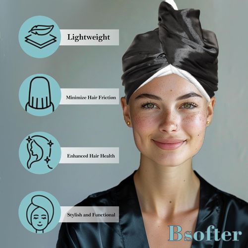 Bsofter Satin Microfiber Hair Towel Wrap for Women - Hair Drying Caps Extreme Soft,Anti Frizz Hair Drying Microfiber Towel for Curly Hair,Long&Thick Hair,Black