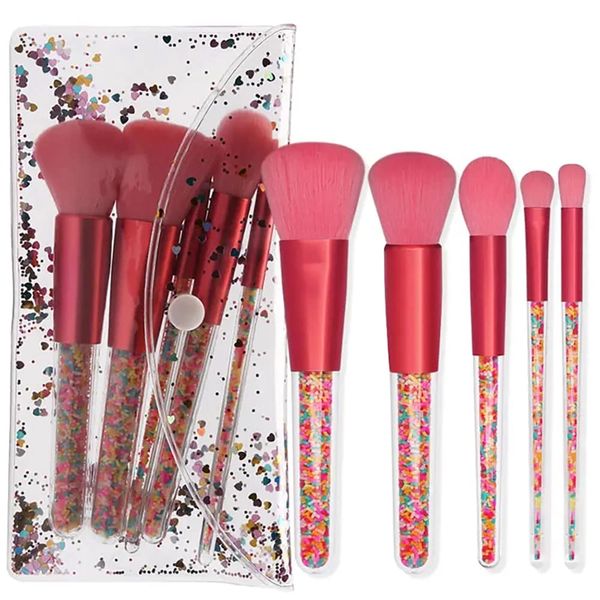 5-Piece Face Makeup Brush Set - Flat Brush, Powder Brush - Concealer, Shaving Brush, Blusher, Eyeliner, Foundation, Eye Shadow - Red - Includes Transparent And Granular Bag