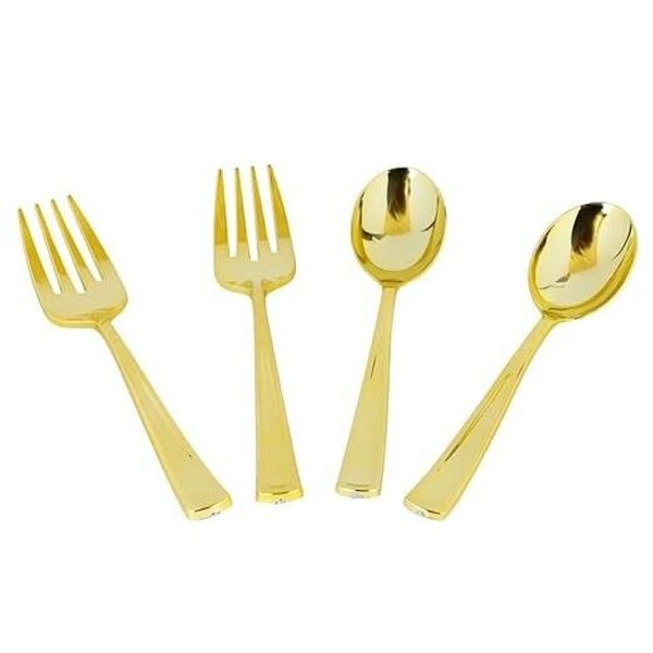 2 Set Gold Disposable Plastic Serving Spoons and Forks 12pcs
