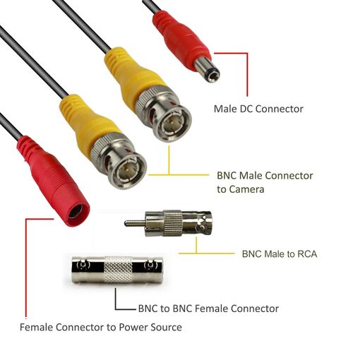 4 Pack 60Ft Serveillance Camera Cables, All in One Video and Power Extension Cables for CCTV Camera DVR Security Systems, Includes BNC Connectors