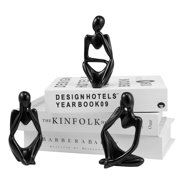 Thinker Figurines Decor Set, 3Pcs Black Abstract Art Sculpture Decoration, Home Decor Resin Bookshelf Sitting Sculpture, Modern Collectible Accents for Office Living Room Coffee Table Decoration