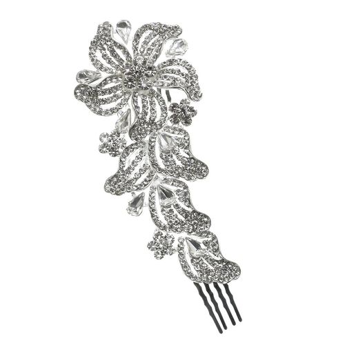 Bridal Floral Crystal Casting Hair Piece Silver Tone 2839