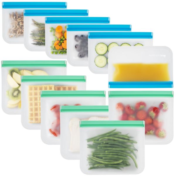 MHSEcoFriendly Reusable Freezer Bags - 12 Pack | M & XL Zip Lock Bags | BPA Free, Washable & Leakproof Food Storage Pouches For Keeping Lunch, Sandwich, Snacks, Fruit, Veg & Soup Fresh for Longer