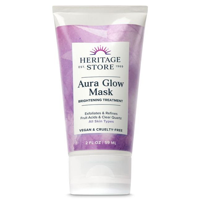 HERITAGE STORE Aura Glow Facial Mask, Brightening & Refining Treatment, All Skin Types, Exfoliating Gel Mask with AHA & Fruit Acids, Hyaluronic Acid, Sea Moss & Clear Quartz, Vegan, Paraben Free, 2oz