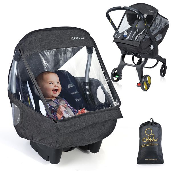 Orzbow Universal Baby Car Seat Rain Cover,Infant Car Seat Weather Shield with Bag,Handle Opening,Quick-Access Zipper and Side Ventilation,Necessary Protection for Babies or Pets in Crowded (Dark Grey)