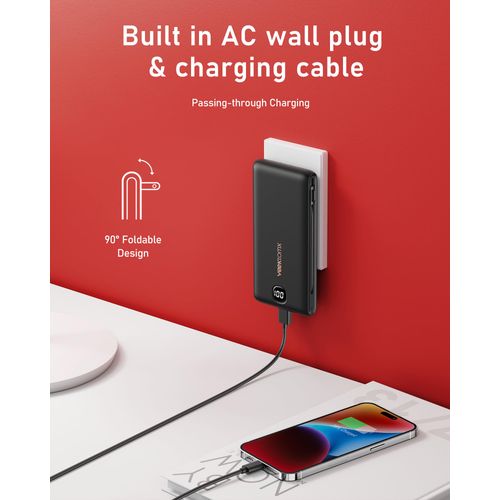 Portable Charger Power Bank Built in Cables and Wall Plug, 10000mAh iPhone Battery Pack Fast Charging, USB C External Slim Power Bank, Travel Essentials Compatible with iPhone 16 15 14 13 iPad, Black