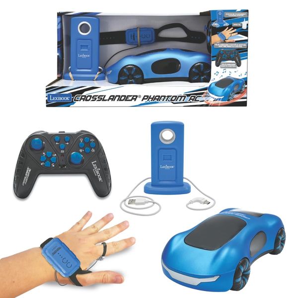 LEXiBOOK, Crosslander Phantom RC, Remote Control Racing car with Smoke Jets, up to 15 km/h, Drift Mode, Classic and Gesture Remote Control, Sound and Light Effects, Blue, RC65