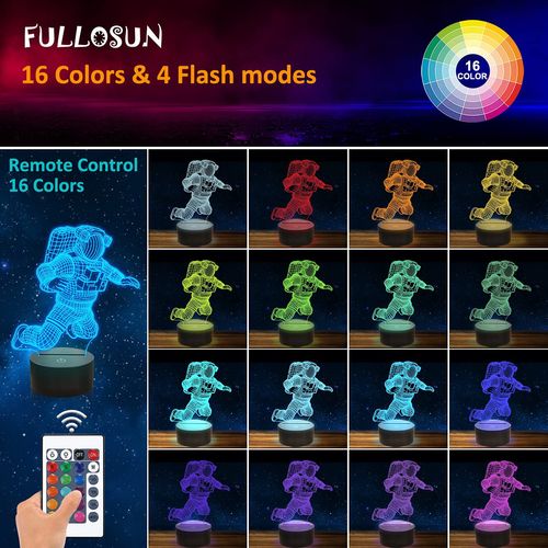 FULLOSUN Spaceman 3D Night Light, Astronaut Rocket Optical Illusion Lamp Birthday Gift Idea for Outer Space Fan Xmas, Living Room Decor Night Light with 7 Colors Changing