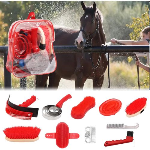 MORECP 10pcs Horse Grooming Kit, Horse Care Set with Tote Bag, Sweat Scraper, Curry Comb, Brush, Hoof Pick - Essential Equine Grooming Supplies-MP1133