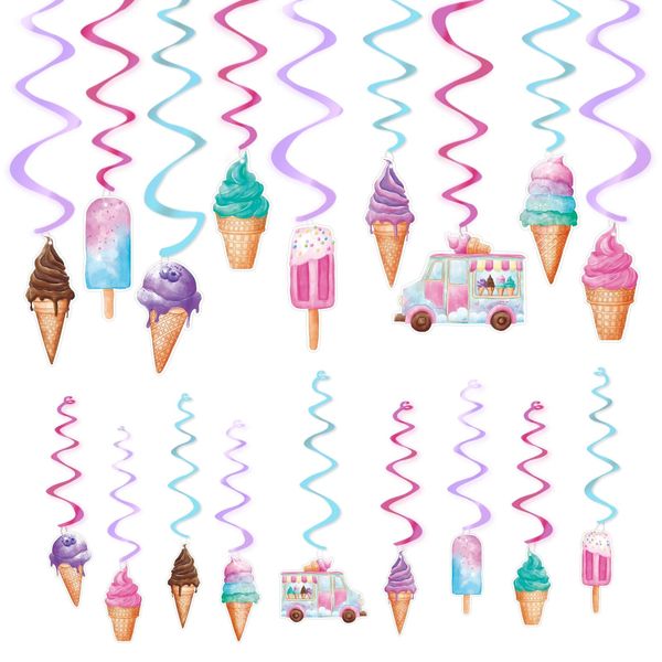 WERNNSAI 18PCS Ice Cream Hanging Swirls Party Decorations Summer Ice Cream Party Ceiling Streamers Decor Sweet Ice Cream Party Swirls Supplies for Girls Birthday Baby Shower