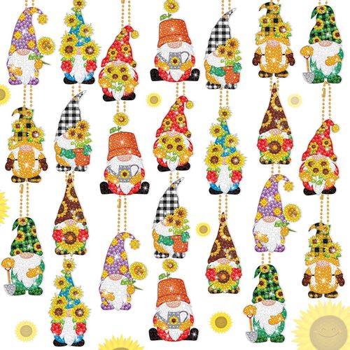 Outus 24 Pcs Sunflower Gnome Diamond Painting Keychains Farmhouse Gnome Double Sided 5d Diamond Key Chain Kit DIY Keychain Ornament for Beginners Adults DIY Pendant Summer Making