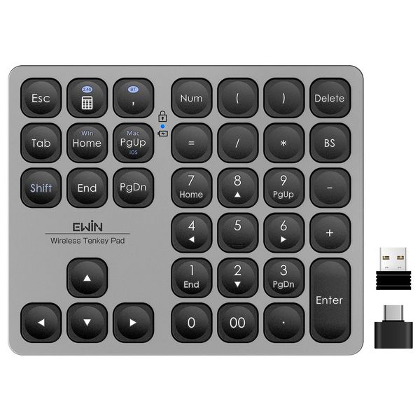 Ewin Numeric Keypad, Bluetooth 5.2 / 2.4 G Connection, 2 Connections, Mac-Compatible Numeric Keyboard, Wireless Numeric Keyboard, Ultra Thin and Lightweight, Numlock-Linked, Type-C Charging, 37 Keys,