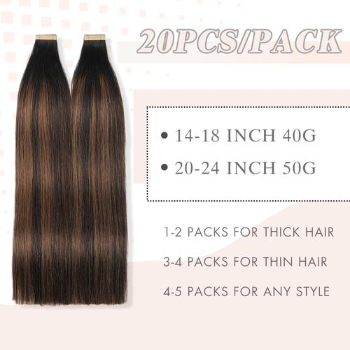 YDDM Tape-In Real Hair Extensions, 20 Pieces, 45 cm, 40 g, Natural Black with Chestnut Brown, Invisible Tape Extensions, Real Hair Extensions (18 Inches, 1B/1B/6)