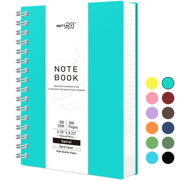 RETTACY Spiral Notebook - A5 College Ruled Notebook with 300 Pages, Notebook Journal for School, Work, Writing, 100 GSM Premium Acid-Free Paper, Twin-Wire Binding, 5.7" × 8.22" (Tiff Blue)