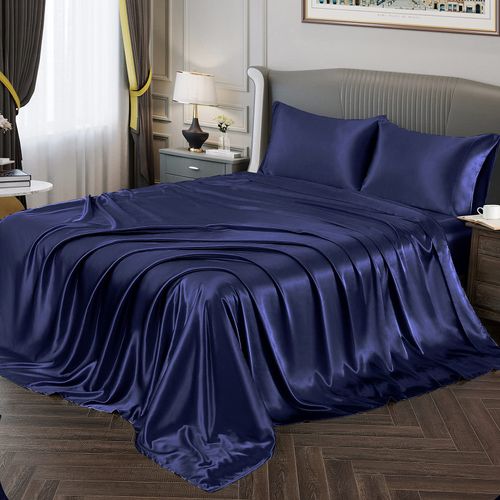 Vonty Satin Sheets Twin Silky Soft Satin Bed Sheets Navy Blue Sheet Set, 1 Deep Pocket Fitted Sheet + 1 Flat Sheet + 1 Pillowcases