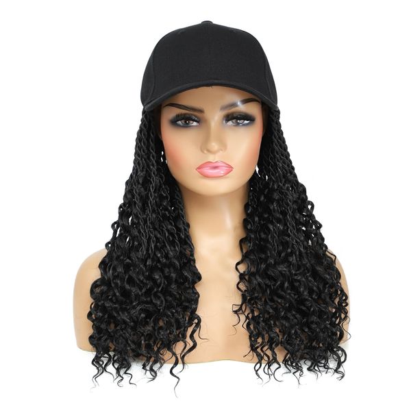 AliRobam Hat Wigs Baseball Cap with Goddess Senegalese Twist Braids Hair extensions Hat With Curly Fly Ends Braided Hair attached for Black White woman (14inch, 1B)