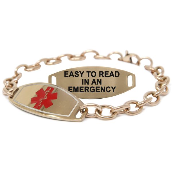 My Identity Doctor Medical Alert Bracelet for Women, Custom Engraved Medic ID, Rose Gold Tone Steel 6mm O-Link Chain, Red, Free ID Card | Made in USA - WRIST SIZE 7.5 inch