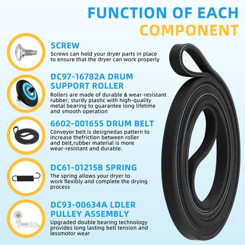 DC97-16782A Dryer Repair Kit Compatible for Sam-sung Dryer Roller Replacement Kit,Includes DC97-16782A Dryer Roller,DC93-00634A Idler Pulley,6602-001655 Dryer Belt,DC61-01215B Spring-by MIFLUS