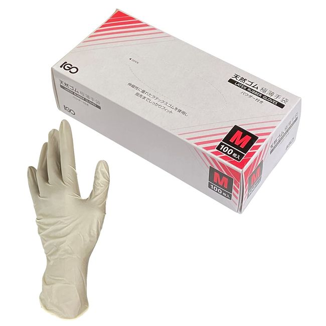 IGO LX-GU03 Natural Rubber Ultra Thin Gloves, 100 Pieces, Powder Included, M