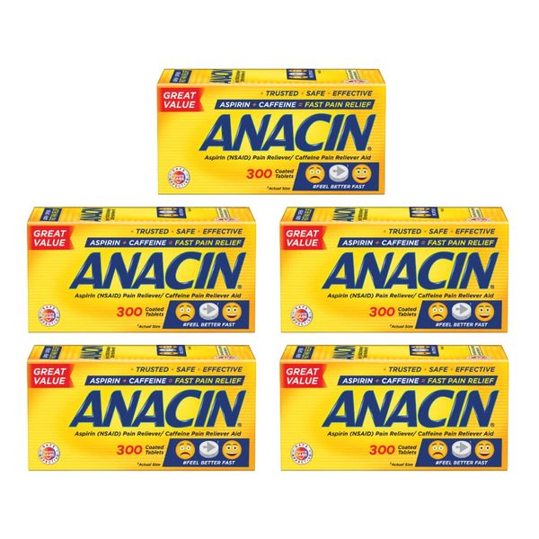 Anacin Fast Pain Relief Pain Reducer Aspirin Tablets, 300 Tablets, (Pack of 5)