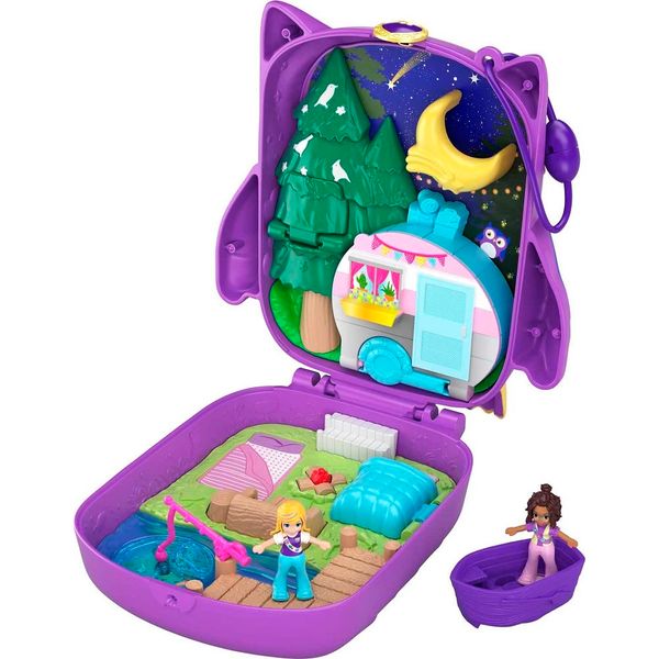 Polly Pocket Playset, Travel Toy with 2 Micro Dolls, Toy Boat & Surprise Accessories, Pocket World Owlnite Campsite Compact