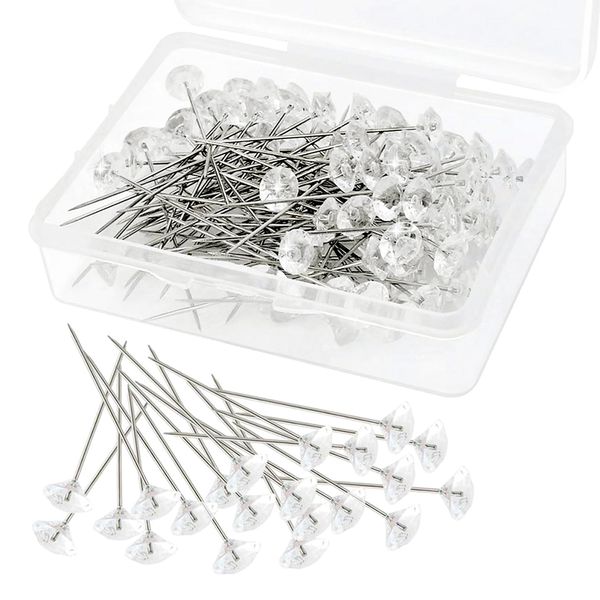 Rumyve 100 Pieces Clear Diamond Head Straight Pins with Storage Box - Perfect Choice for Sewing, DIY Crafts, Wedding Decorations, and Bouquets