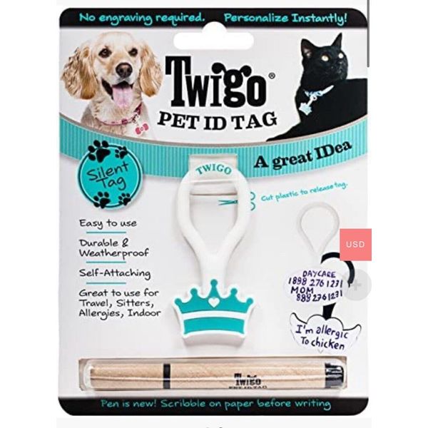 Twigo Pet ID Tag, One Size, White & Teal