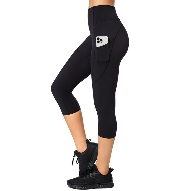 Yvette Damen 3/4 Capri Leggings Sporthose mit Taschen Hohe Taille Bequem Yoga Fitness Jogginghose,Schwarz,M