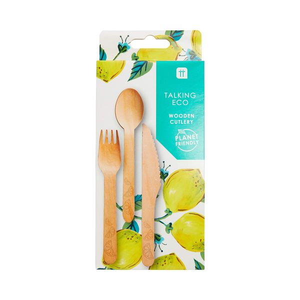 Disposable Wooden Cutlery Set with Lemon Design | 6 Bamboo Forks, Knives and Spoons | Eco Friendly, Biodegradable, Compostable For Garden Party, Camping, Travel, Picnic, BBQ, Outdoor Dining