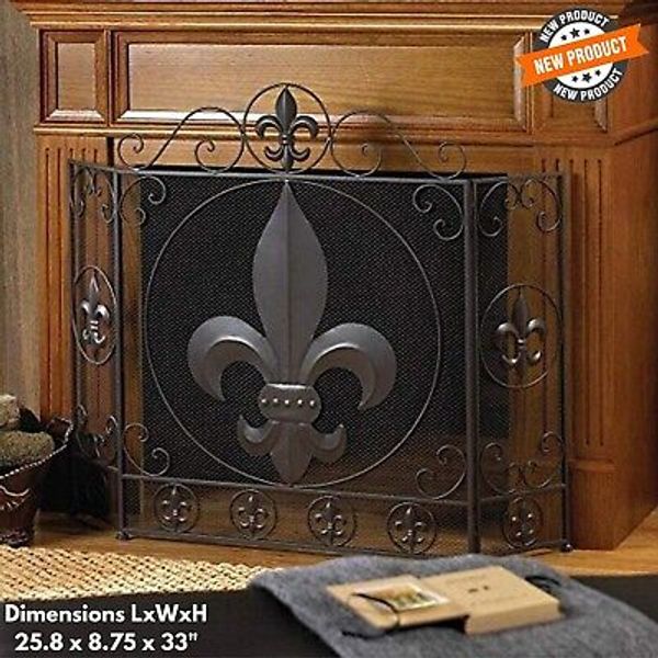 Fleur-De-Lis Fireplace Screen Elegant Decor Flower Spark Guard Gate Wrought Iron