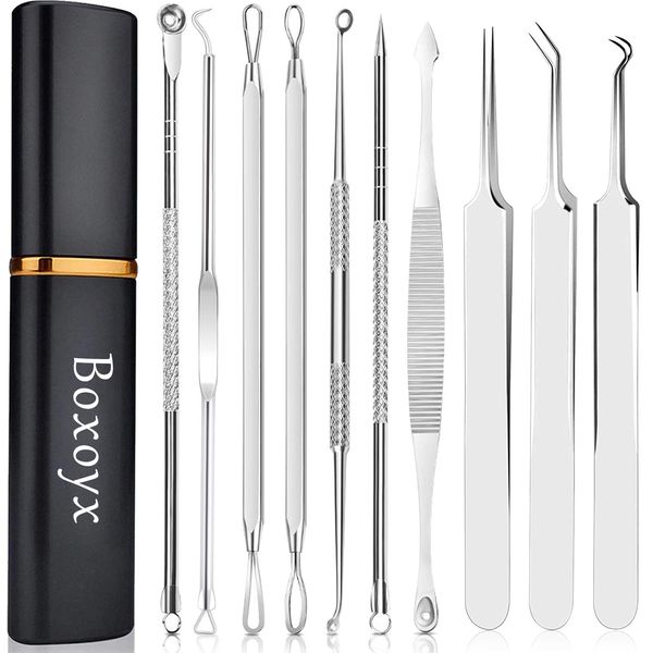 [Latest]Blackhead Remover Tool, Boxoyx 10 Pcs Professional Pimple Comedone Extractor Popper Tool Acne Removal Kit - Treatment for Pimples, Blackheads, Zit Removing, Forehead,Facial and Nose(Silver)