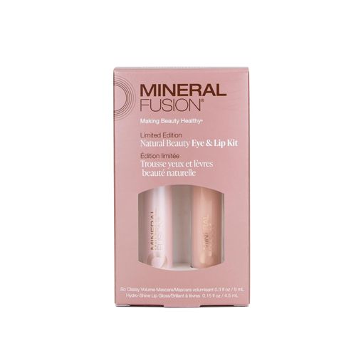 Mineral Fusion Lip Gloss + Mascara Makeup Kit, Natural Beauty Eye & Lip Duo, So Classy Voluminous Mascara in Jet Black & Shiny, Nourishing Pale Pink Lip Gloss, 2 Piece Make Up Gift Set for Women