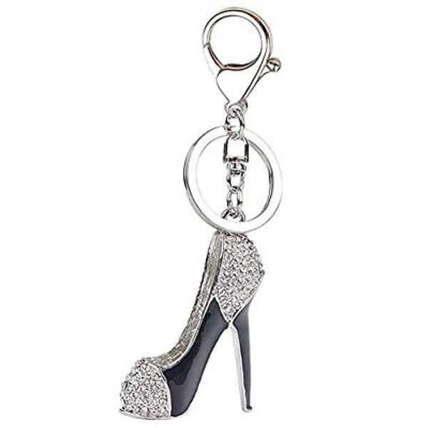 Lady's High Heel Shoe Rhinestone Women Bag or Car Keychain (Black)