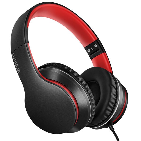 LORELEI X6 Over-Ear Headphones with Microphone, Lightweight Foldable & Portable Stereo Bass Headphones with 1.45M No-Tangle,Wired Headphones for Smartphone Tablet MP3 / 4 (Black-Red)