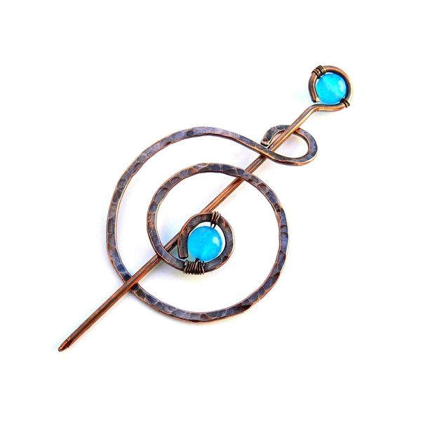 Handmade Celtic Copper Shawl Pin with Blue Agate