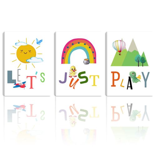 Let's Just Play Playroom Wall Art, Letter Wall Decor, Classroom Posters, Daycare Wall Prints, Classroom Art Kids Artwork Set of 3 Canvas Prints Framed Ready to Hang