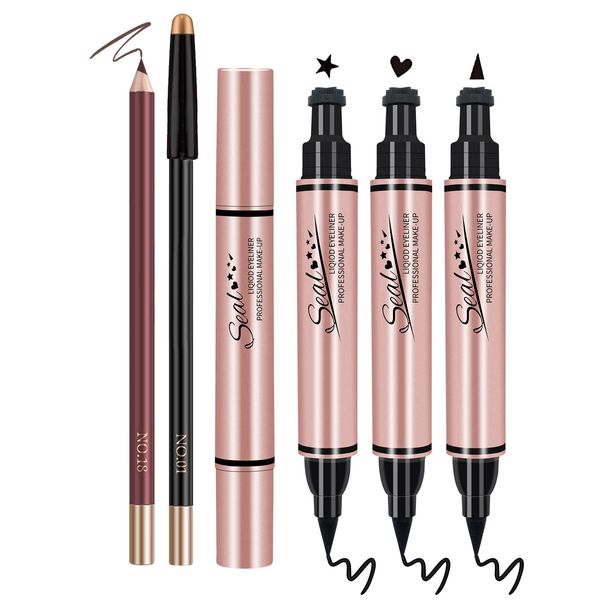 POPMISOLER 5 Pcs Liquid Eyeliner Pen Stamp Set, Dual Ended Black Eyeliner with Heart/Star/Triangle Shape Eye Liner Stamp Waterproof Long Lasting Stamp Makeup Eyeliner for Women Girls