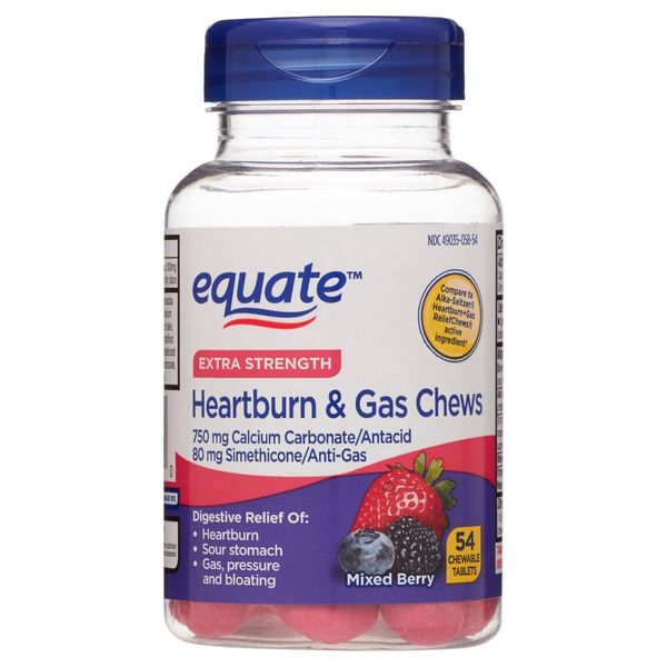 Equate Extra Strength Heartburn Relief + Gas Relief Chews, Mixed Berry, 54 Ch...