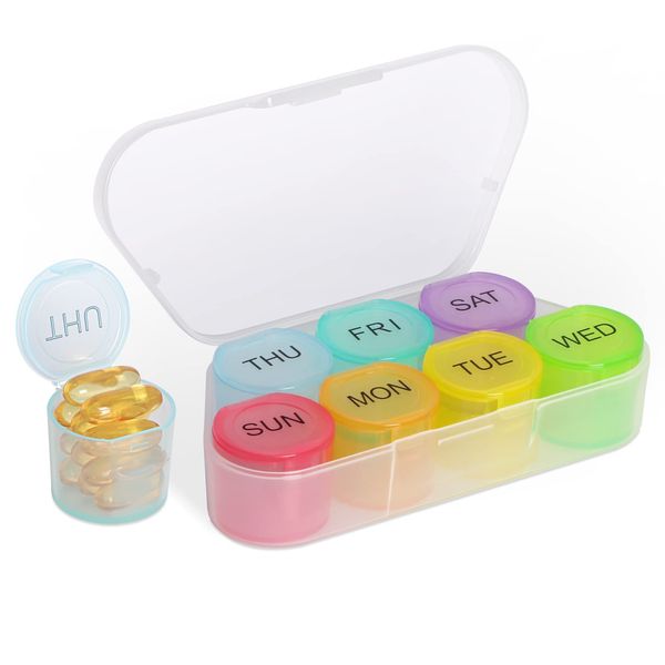 Simpolor Weekly Pill Organizer, BPA Free Medicine Organizer Rainbow 7 Day Pill Box, Daily Portable Pill Container for Pills/Vitamin/Fish Oil/Supplements (White)