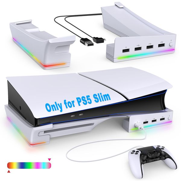 Horizontal Stand with RGB LED Light for New PS5 Slim Console,Stand Holder Accessories with 14 Light Modes and 4-Port USB Ports for Sync&Charge,Non-Slip Base for Playstation 5 Slim Disc&Digital Edition