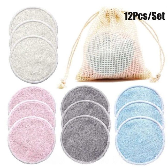 Reusable Bamboo Fiber Makeup Remover Pads Washing Round Cleansing Facial Cotton Removal Tools 12 Per Pack