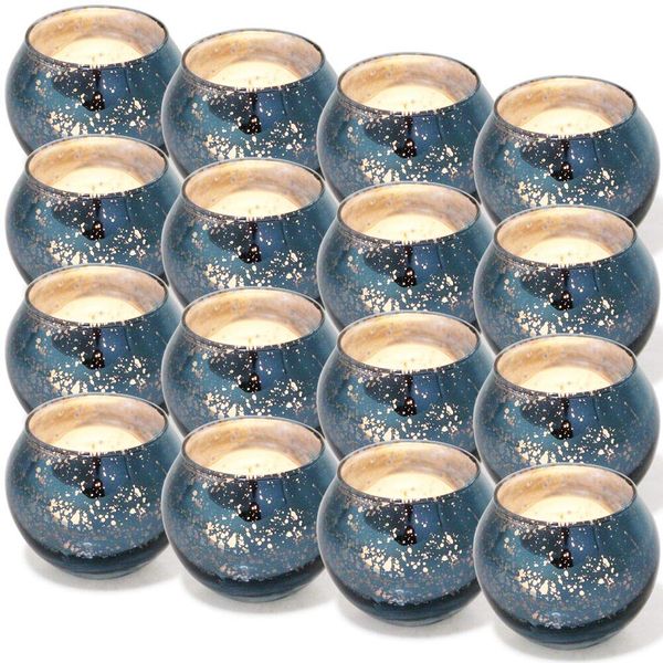 DerBlue 16Pcs Round Mercury Glass Votive Candle Holders for Wedding Centerpieces, Valentines Dinner, Garden Tub and Any Theme Events (Navy Blue)