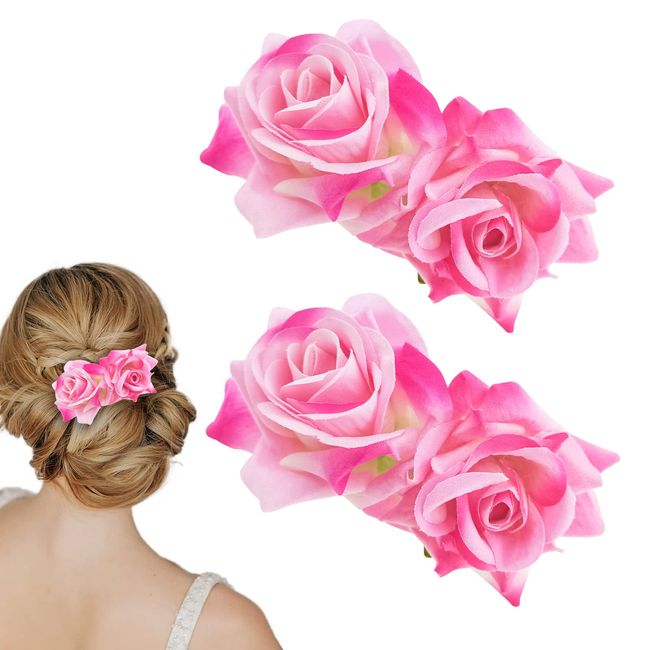 2 PACK Pink Rose Hair Clip Bridesmaid Rose Hairpins Bridal Hair Bows Hair Accessories for Women Halloween Wedding Party