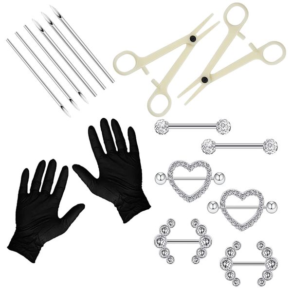 WZPB Nipple Piercing Kit for Women, 22Pcs Nipple Piercing Kit with 6 Pieces Nipple Piercing Rings Nipple Needle Kit Piercing Jewelry Barbell Heart Curved Shape Rings Barbell Piercing Clamps Needles