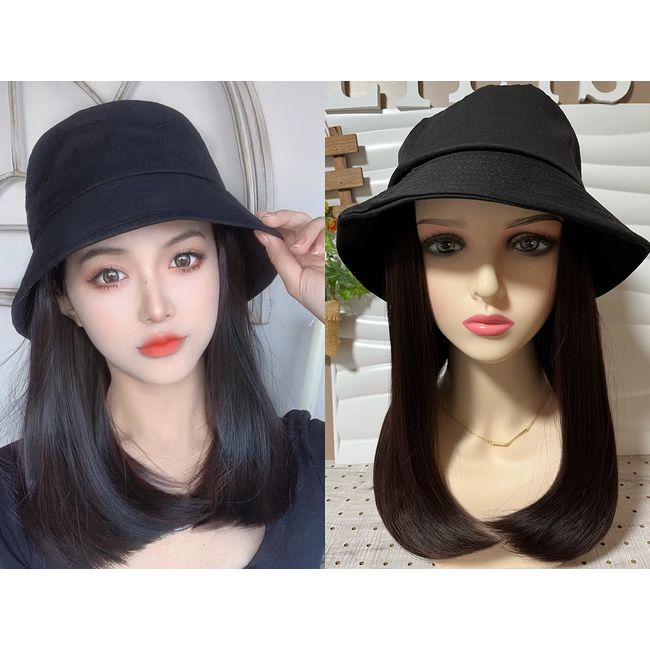 Lily's Select Women's Dark Brown 13.8 inches (35 cm), Straight Hat Wig with Wig, Long Hair Extensions, Point Wig, Wavy, Bucket Hat (Black)